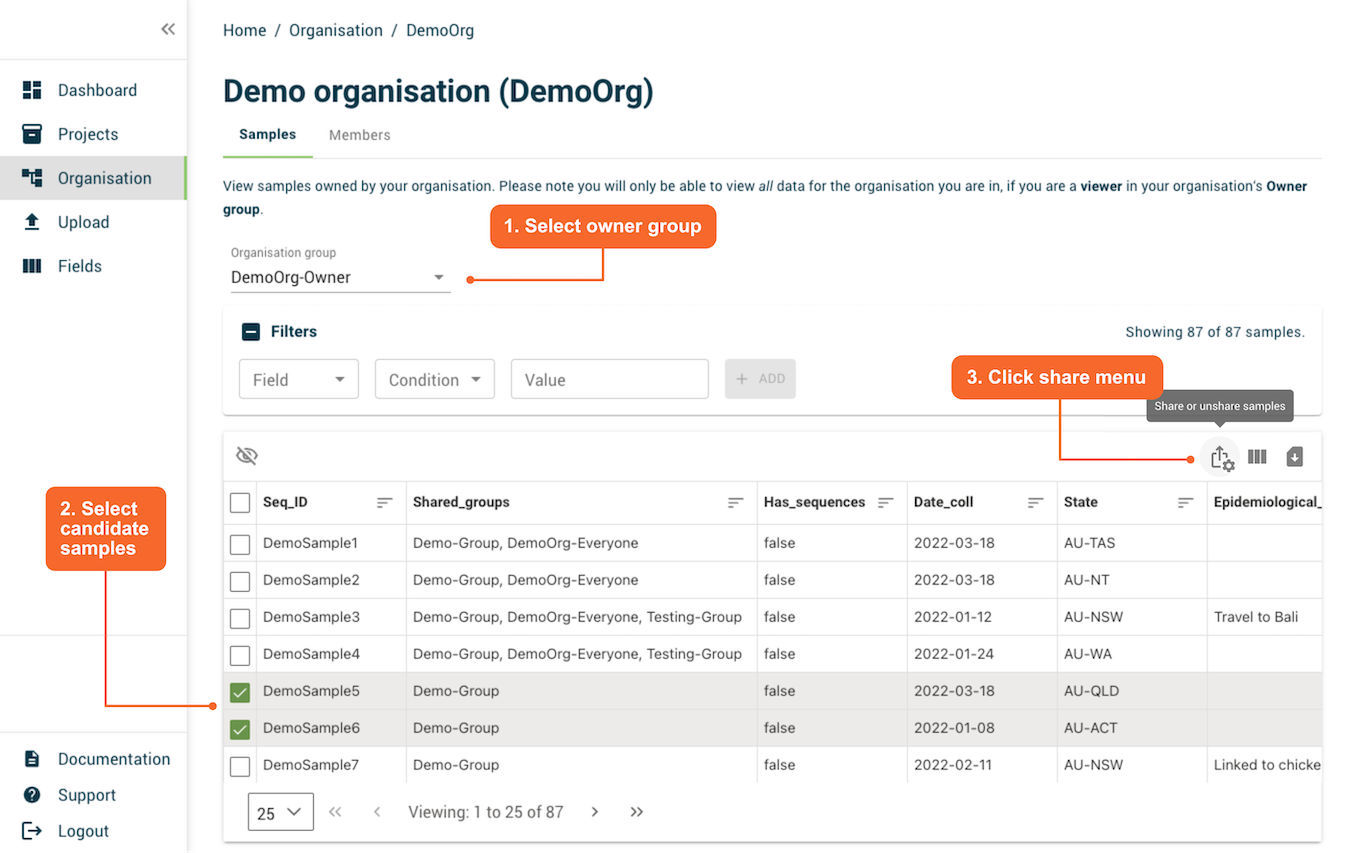 Sample sharing screenshot
