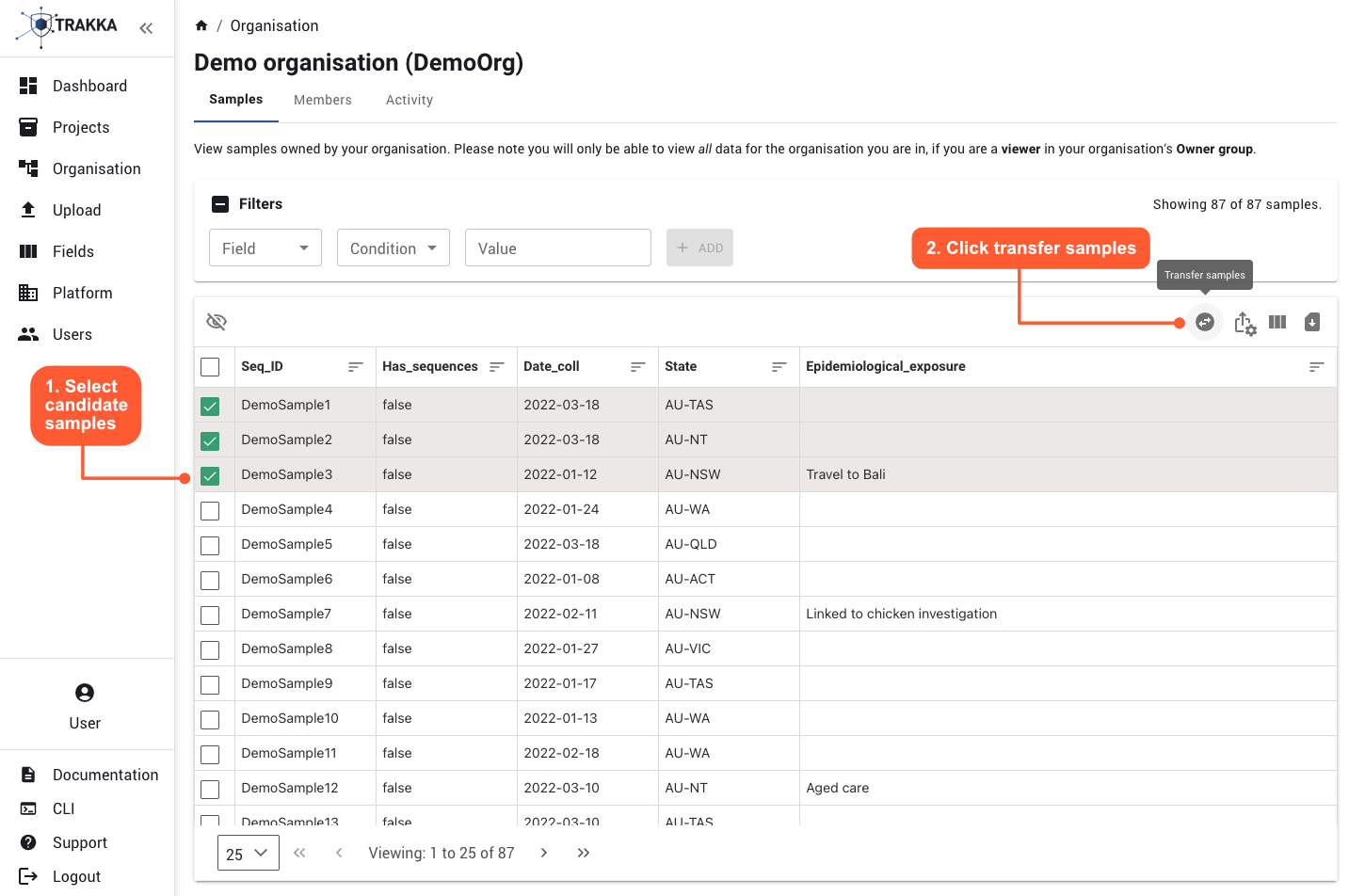 Sample transfer screenshot