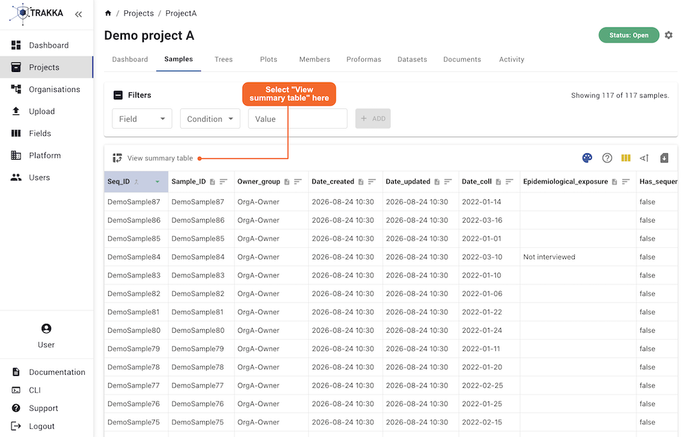 Summary table navigation screenshot